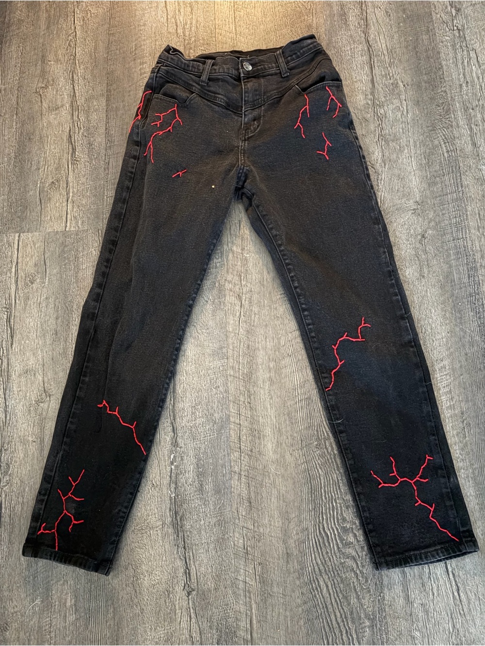 Black Skinny Jeans with Red Embroidered Lightning Detail
